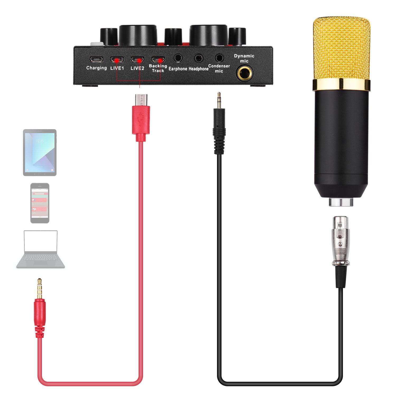 Bộ micrô ngưng tụ thu âm với cạc âm thanh bên ngoài + kính chắn gió micrô + Sốc chuyên nghiệp