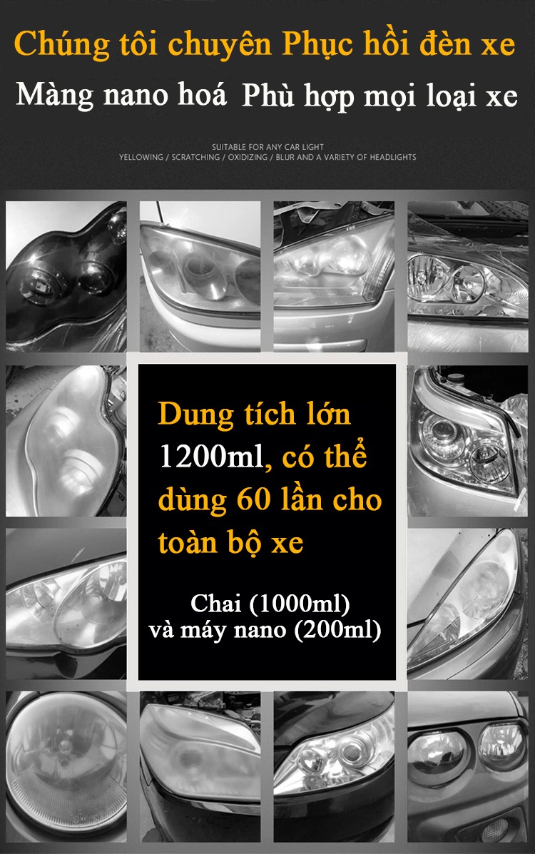 Bộ thiết bị và dung dịch phục hồi và đánh bóng đèn pha ôtô dung tích 200ml, Chống ố vàng, trầy xước, đánh bóng