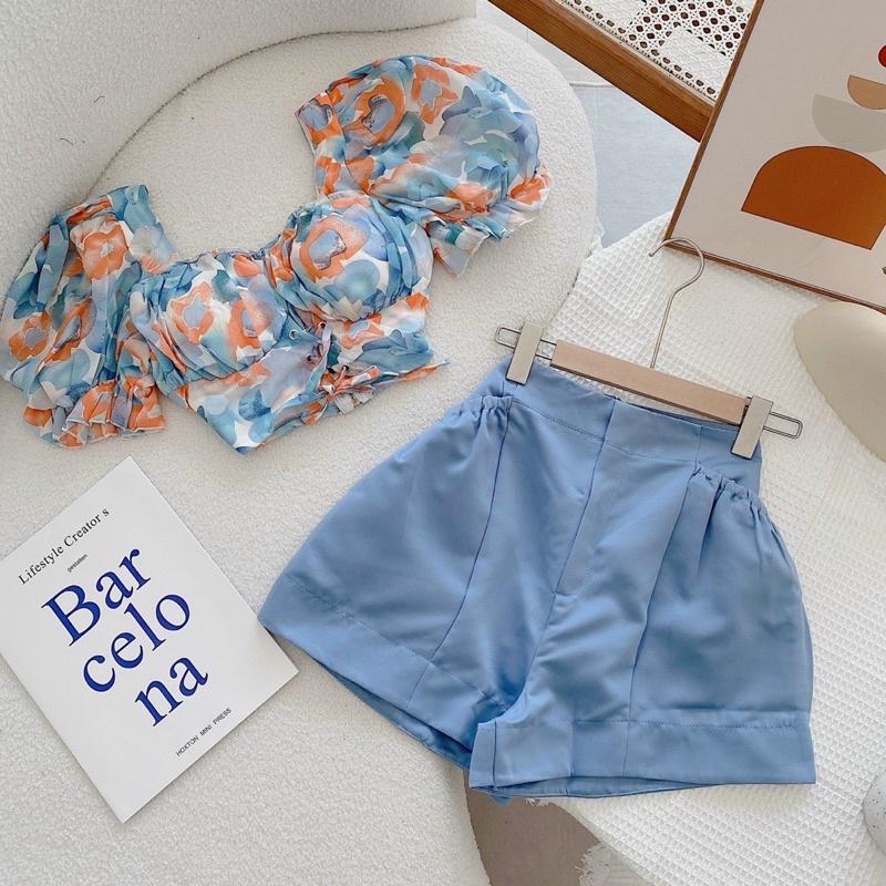 Áo Croptop Hoa Bo Eo Mix Short Xanh