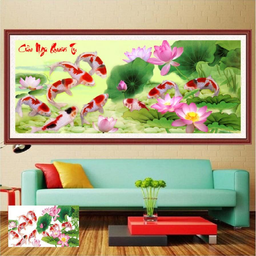 Tranh đính đá Cửu Ngư Quần Tụ I 130x62cm I LV275