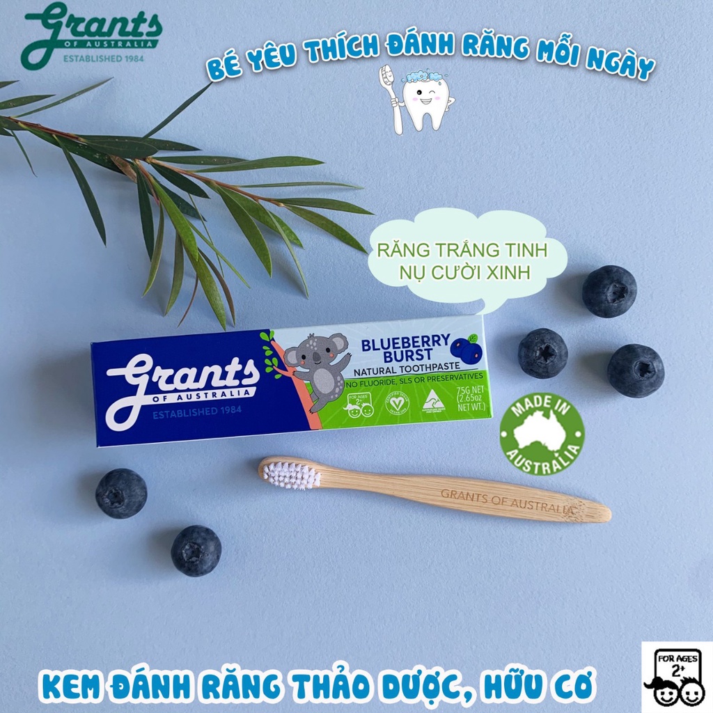 Kem đánh răng trẻ em thảo dược việt quất Grants 75g - Bảo vệ răng sữa cho bé, ngăn ngừa răng sâu sún