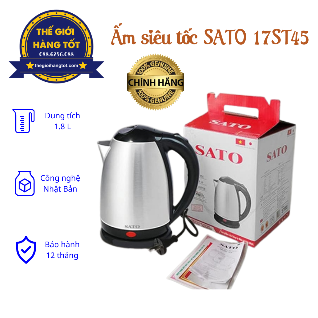 Ấm siêu tốc SATO 17ST45 1,8L - Hàng chính hãng - Inox cao cấp không gỉ, công nghệ Nhật Bản