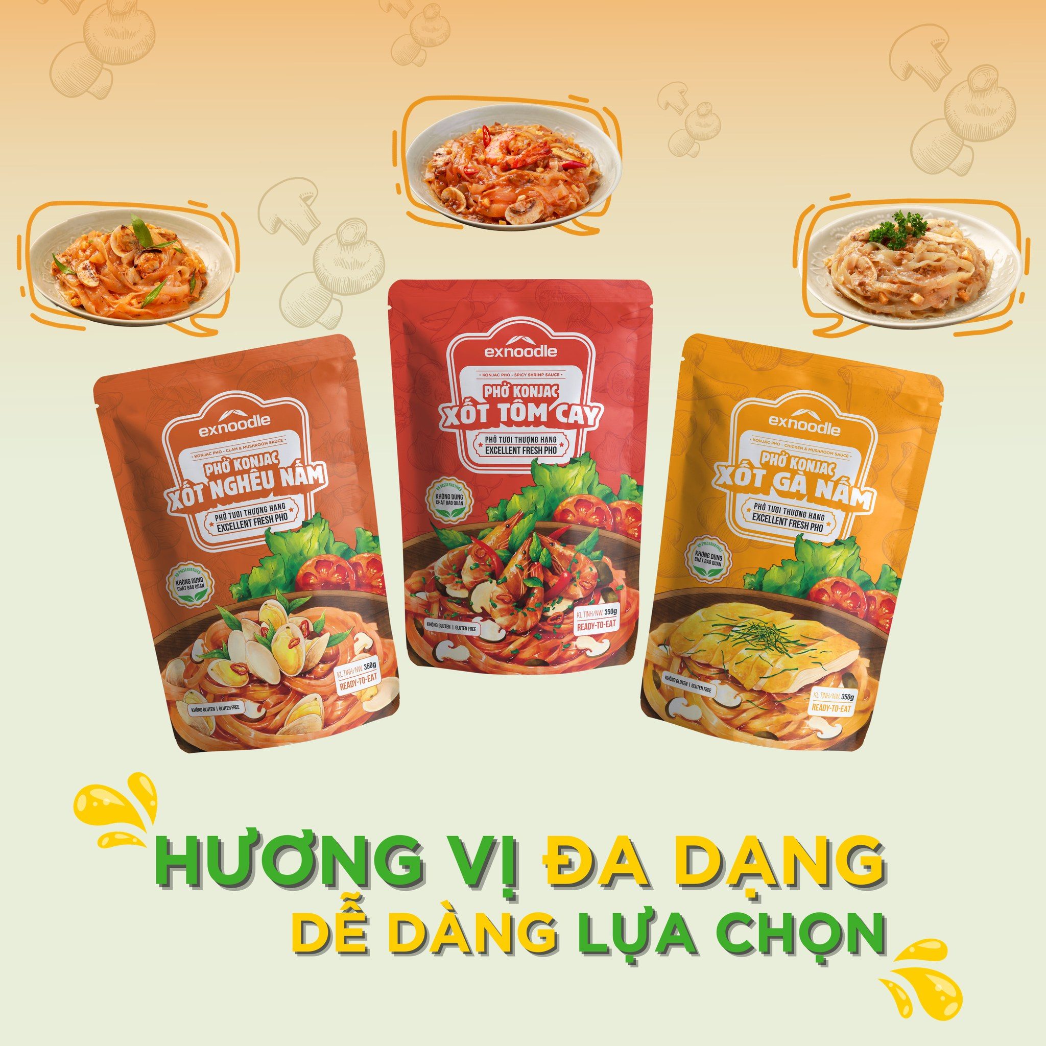 Combo 6 gói Phở konjac trộn xốt mix 3 vị-Phở tươi thượng hạng Exnoodle, ít calorie,giàu xơ,không chất bảo quản, sd trực tiếp