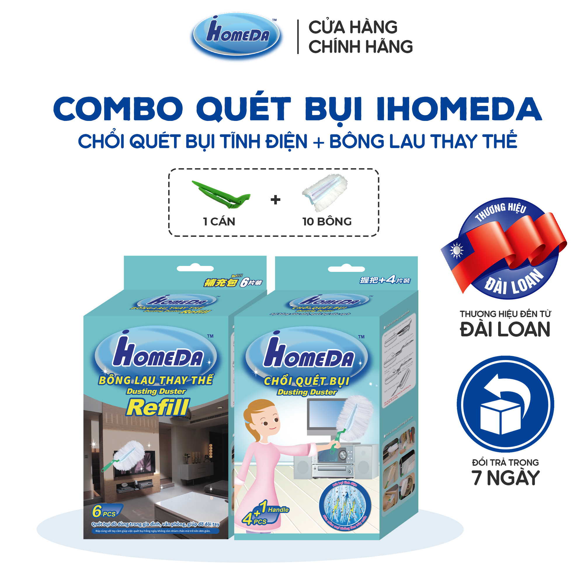 Combo Chổi Quét Bụi Ô Tô Tĩnh Điện ( 1 cán + 4 bông lau) + Bông Lau Thay Thế ( 6 Bông Lau) IHomeDa