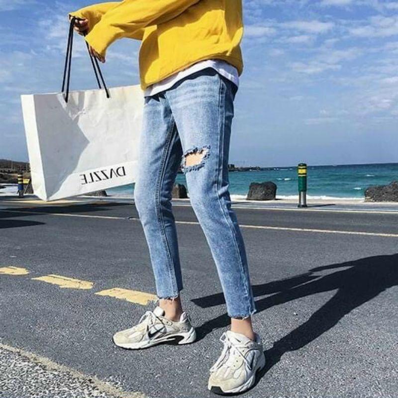 Quần jean nam rách gối 1 bên năng động, trẻ trung, thời trang