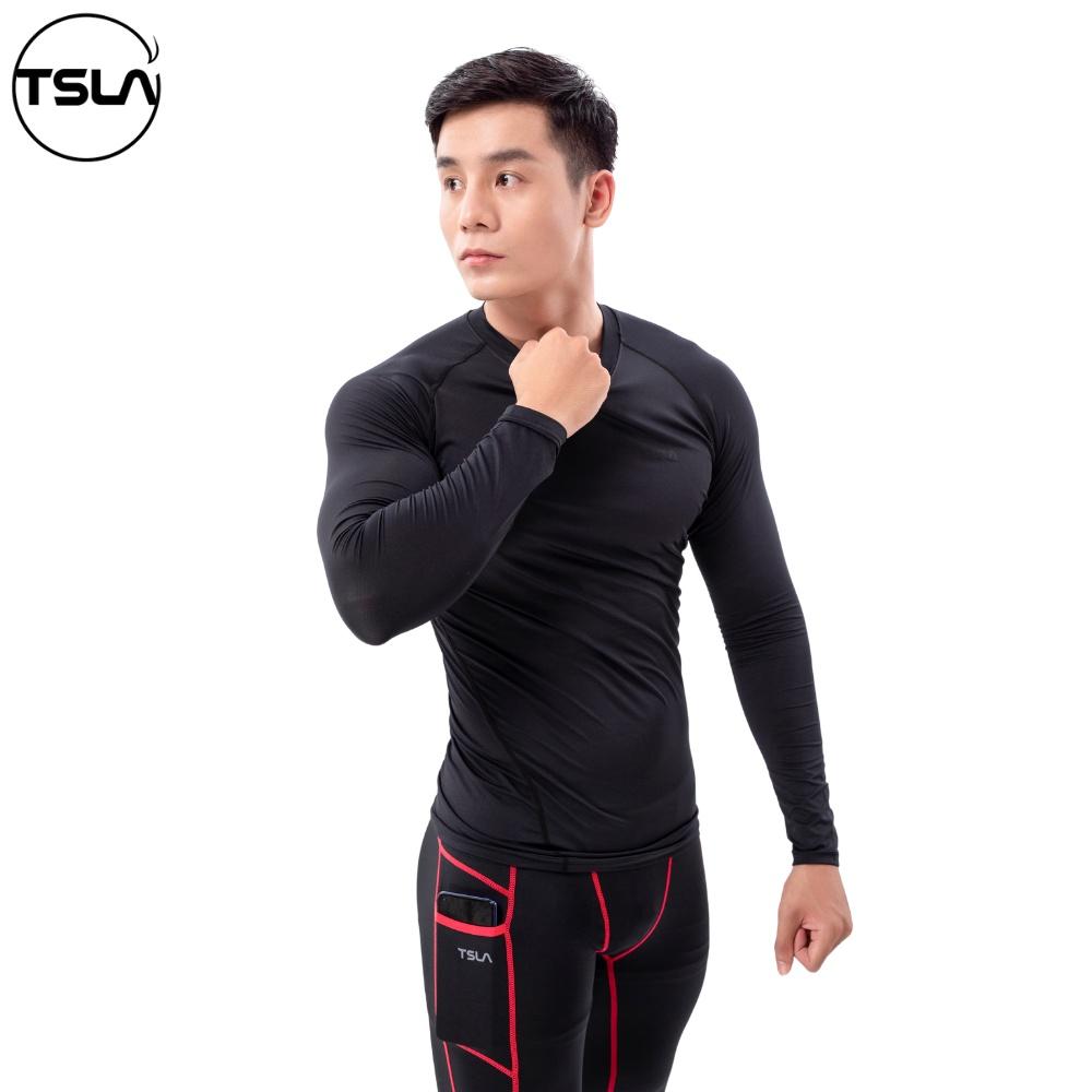 Áo giữ nhiệt thể thao nam dài tay cổ tròn TSLA lót lông chất thun form ôm body co giãn bóng đá gym thu đông TST2018