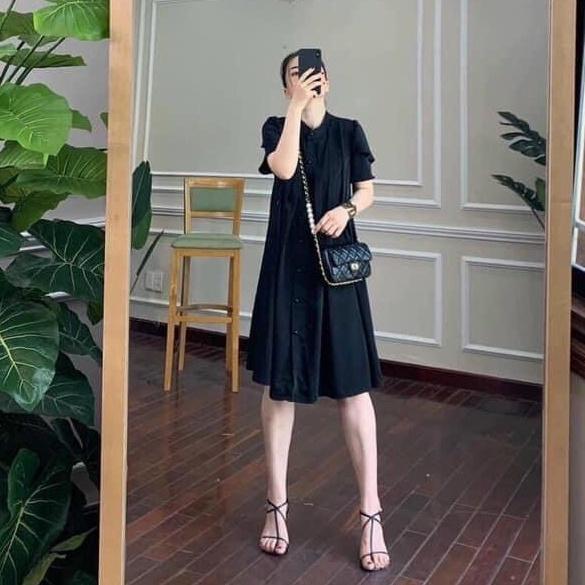 Đầm bầu dáng xuông sơ mi hàng cúc thật M132 vải cát hàn thời trang thiết kế Mom and Baby
