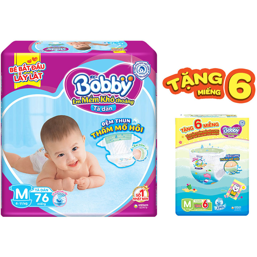 Tã Dán Bobby Đệm Thun Thấm Mồ Hôi M76 (76 Miếng) - Tặng 6 Miếng Phiên Bản Hè Vui Nhộn