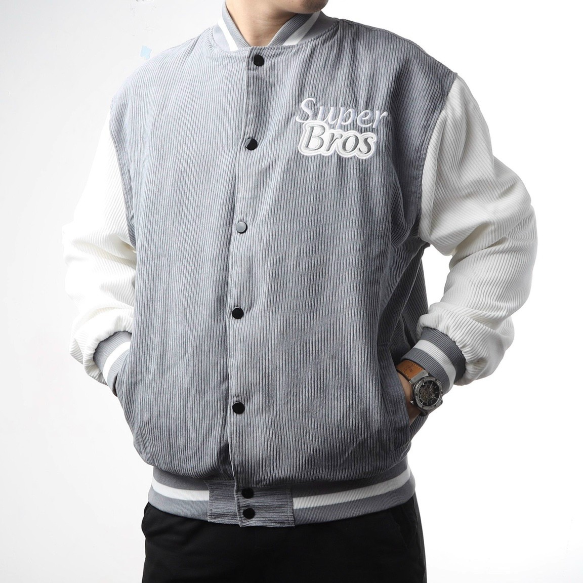 Áo Khoác Bomber Nhung Kaki 2 Lớp Lót Dù Chữ Super Bros - Kiểu Hàn Quốc Unisex Cặp Nam Nữ Thu Đông