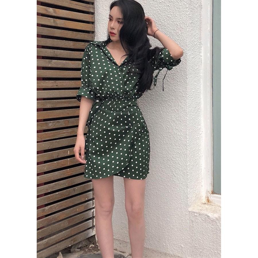 Đầm ôm cổ sơ mi chấm bi đài rời, chất vải mềm mát, hàng nhập Quảng Châu