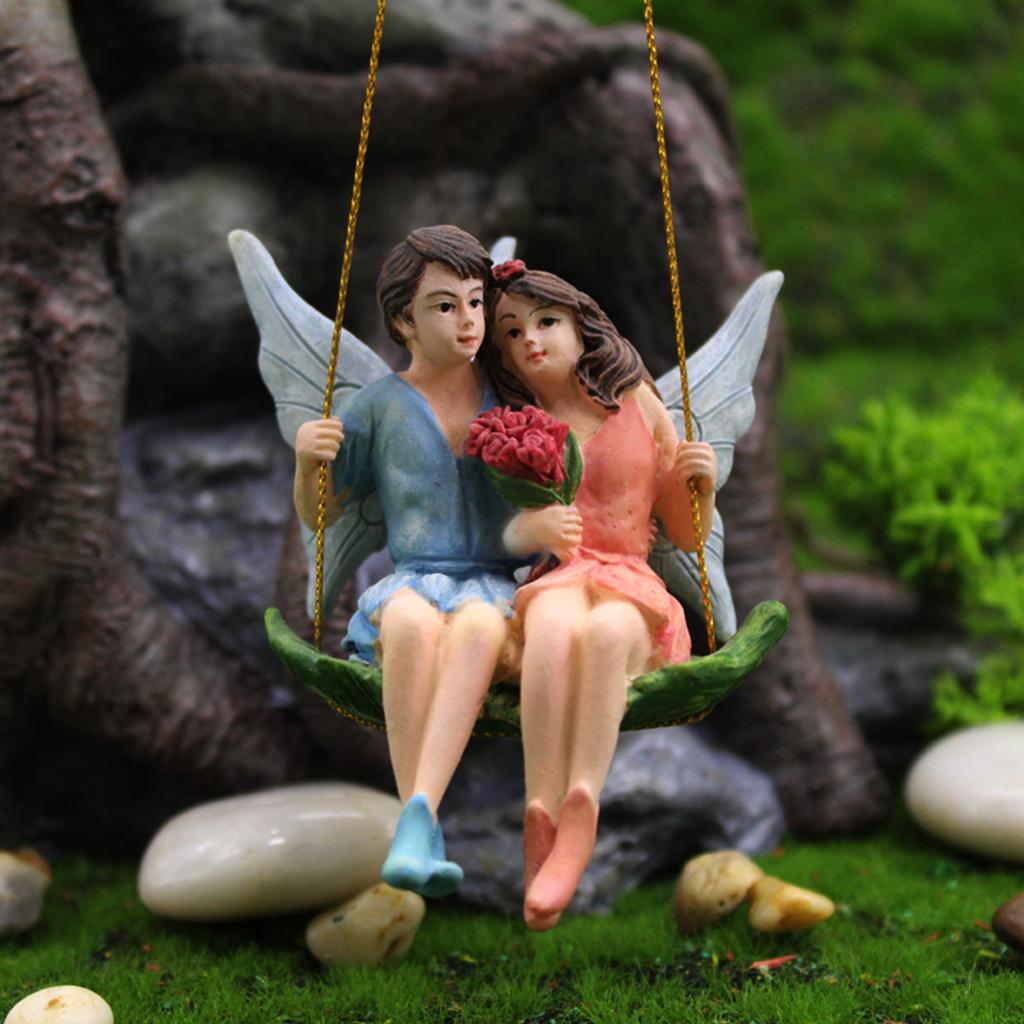 Romantic Fairy Garden Miniature Couple Figurines Flower Fairy with Angel Hanging Ornament Statues Decoration for Dollhouse Home Decor