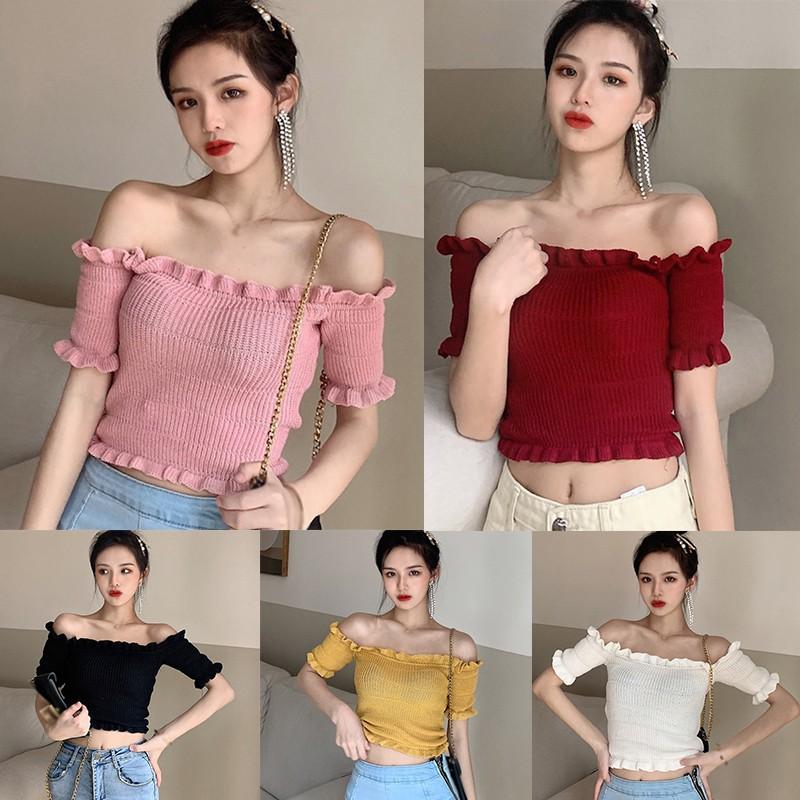 Áo Thun Dệt Kim Dáng Ôm Màu Trơn Phong Cách Hàn Quốc Cho Nữ
