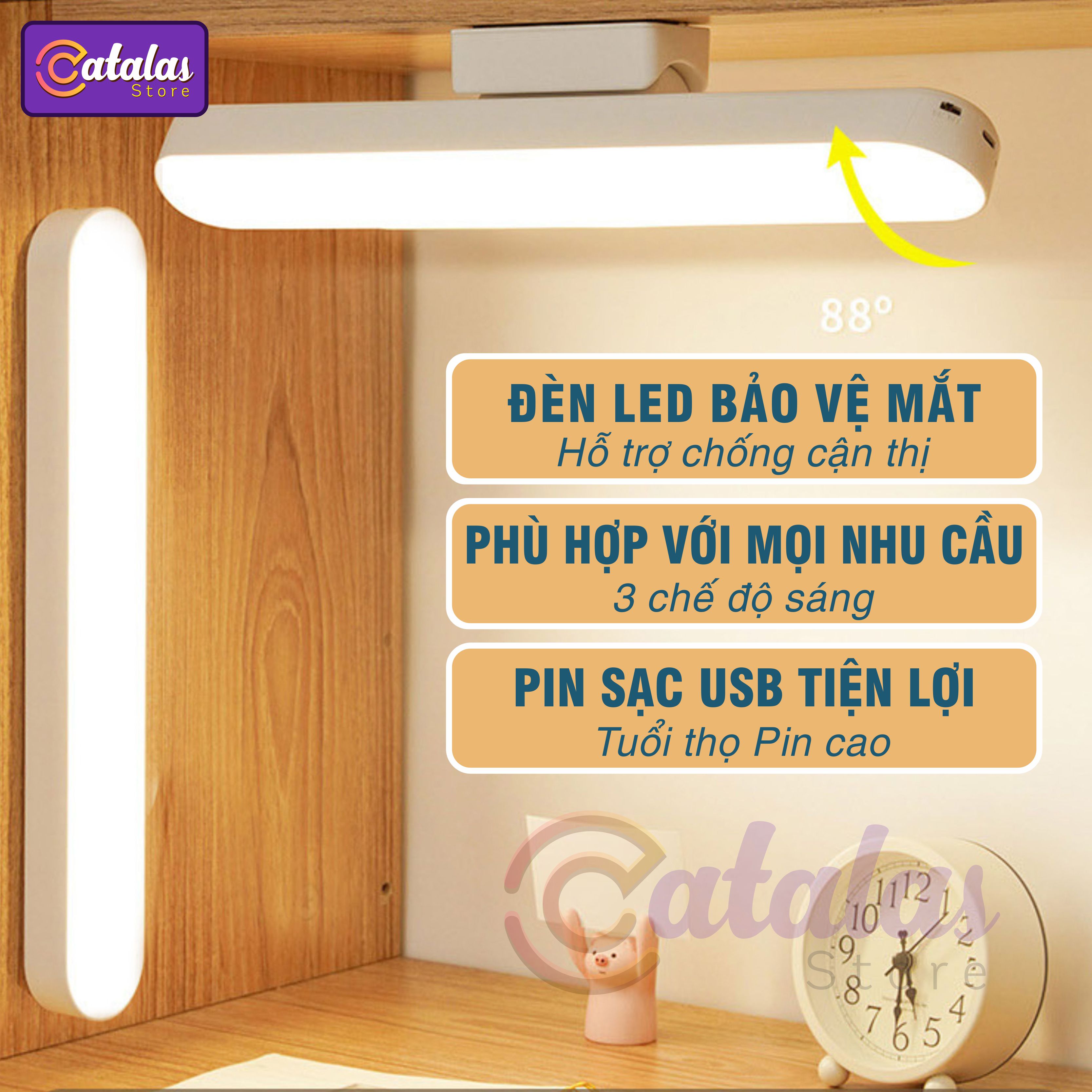 Đèn bàn học, đèn đọc sách S26, đèn làm việc, chống cận thị, ba chế độ sáng bảo vệ mắt, có pin sạc USB, Dài 26cm có đế xoay 80 độ.