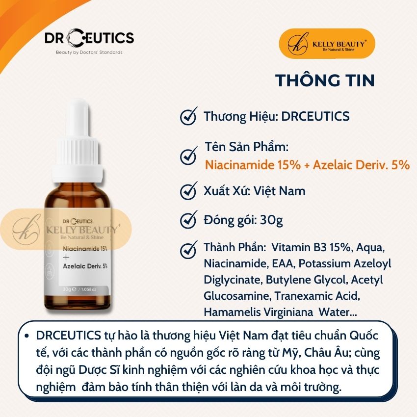 Serum Vitamin B3 15% DrCeutics - Ngừa Mụn, Làm Sáng, Mờ Thâm, Đều Màu Da; Se Lỗ Chân Lông - Niacinamide 15% + Azelaic 5%