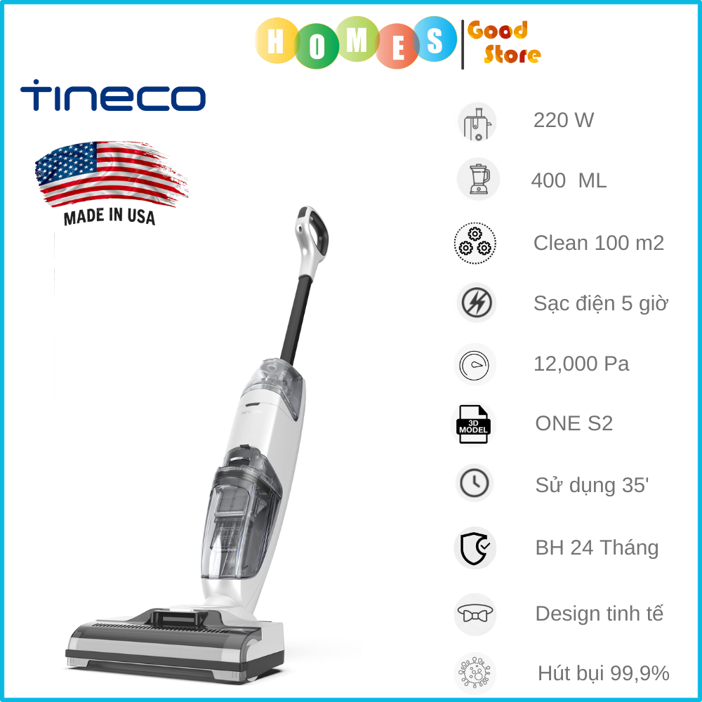 Máy Hút Bụi Lau Sàn Khô Uớt Tự Giặt Giẻ TINECO IFLOOR 2 Thương Hiệu Mỹ Lực Hút 12,000 Pa, Có Kết Nối App Theo Dõi, Công Suất 220 W - Hàng Chính Hãng - Bảo Hành 24 Tháng