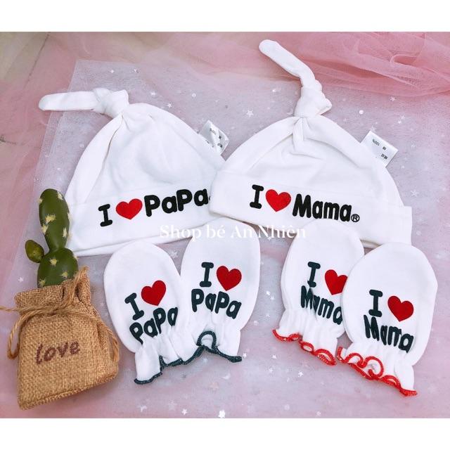 Set nón bao tay in chữ papa mama