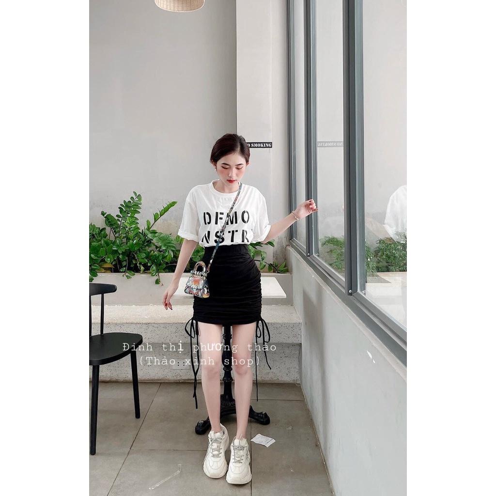 046 - SET ÁO THUN IN CHỮ VÀ CHÂN VÁY ĐEN RÚT
