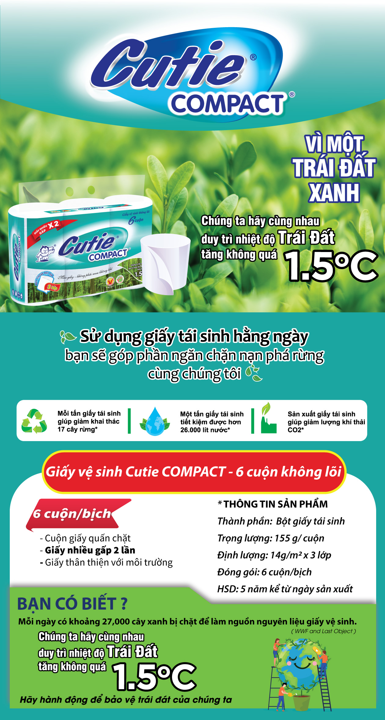 [COMBO 3 LỐC] Giấy vệ sinh tái chế Cutie Compact không lõi, 3 lớp không chất tẩy trắng lốc 6 cuộn