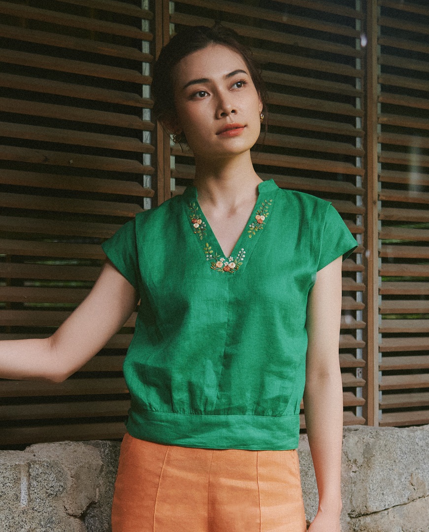 Áo Bo Tay Liền Linen Thêu Tay TOP218 thời trang thiết kế Hity