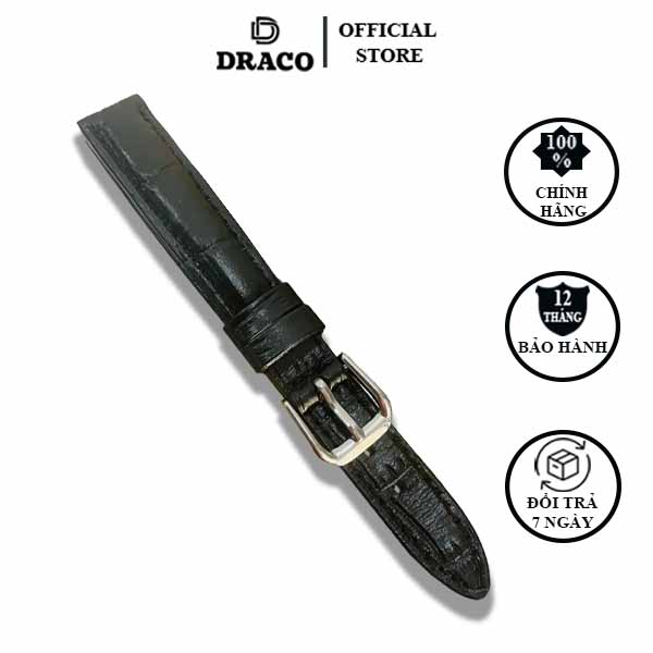 Dây da đòng hồ Draco DDDH03 màu đen - size 14 nữ  chất liệu da bò thật cao cấp dập vân cá sấu