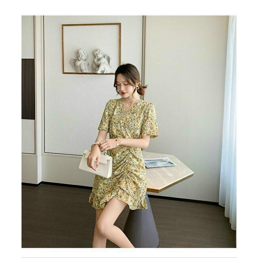Đầm họa tiết hoa cổ tim tay lơ chân váy đuôi cá rút dây xinh lung linh