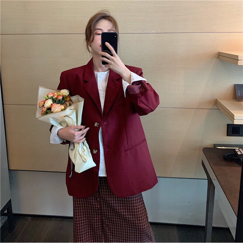 Áo Vest Blazer Nữ màu đỏ phong cách ulzzang Hàn Quốc