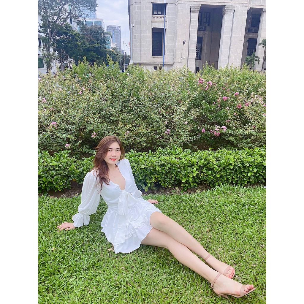 Đầm đũi gân trắng thắt nơ ngực