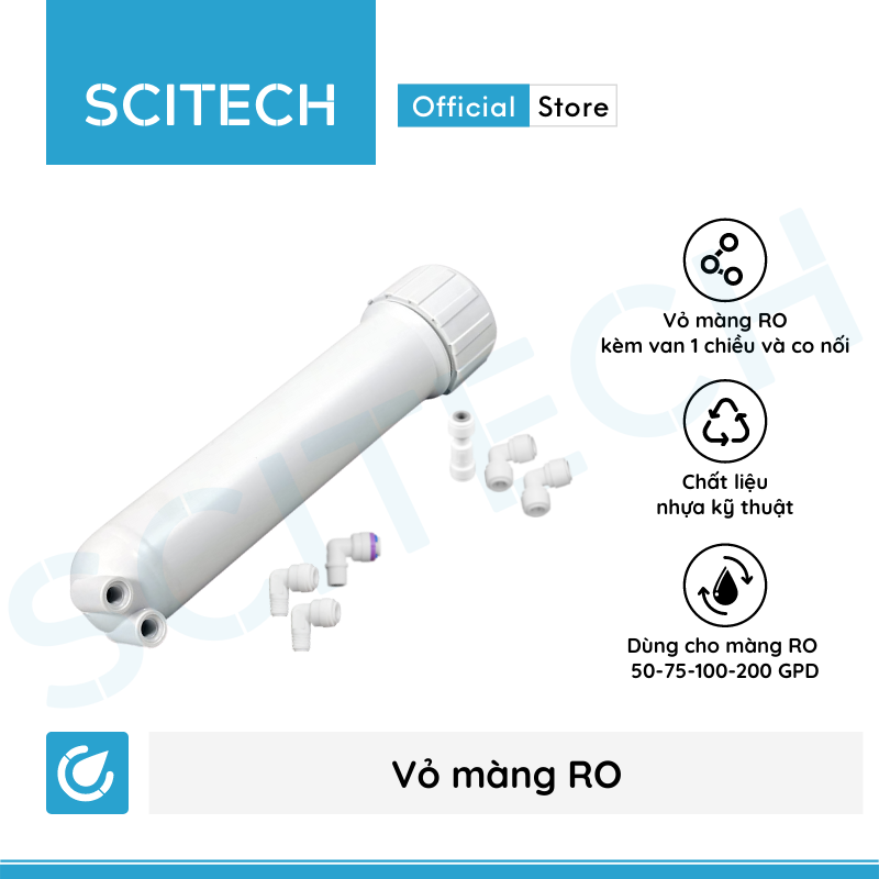 Vỏ màng RO kèm van 1 chiều và co nối dùng trong máy lọc nước (Dùng cho màng RO 50-200 GPD) - Hàng chính hãng