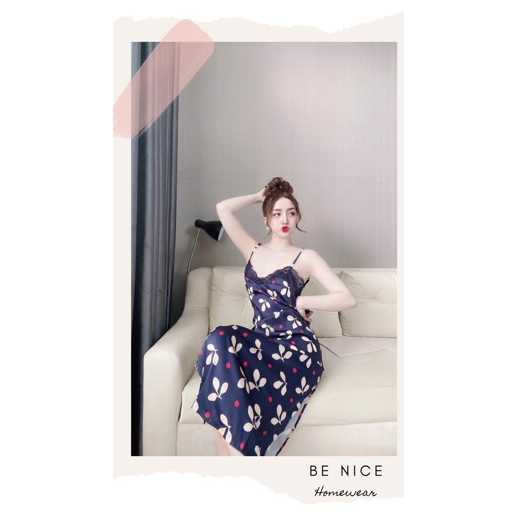 Váy lụa dây mặc nhà sexy phối ren xẻ hai bên xinh xắn Be Nice Homewear