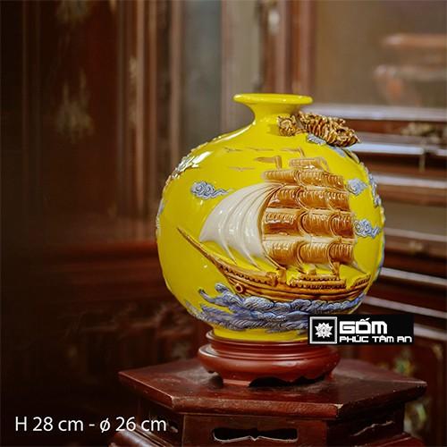 Bình hút lộc, lọ hoa hút tài lộc thuận buồm xuôi gió gốm sứ bát tràng màu vàng