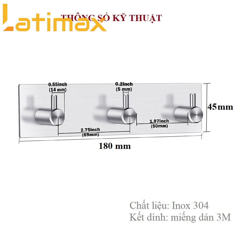 Móc treo quần áo 3 chấu Inox 304 dán tường cao cấp Latimax - Giá treo đồ đa năng dùng miếng dán 3M tiện lợi