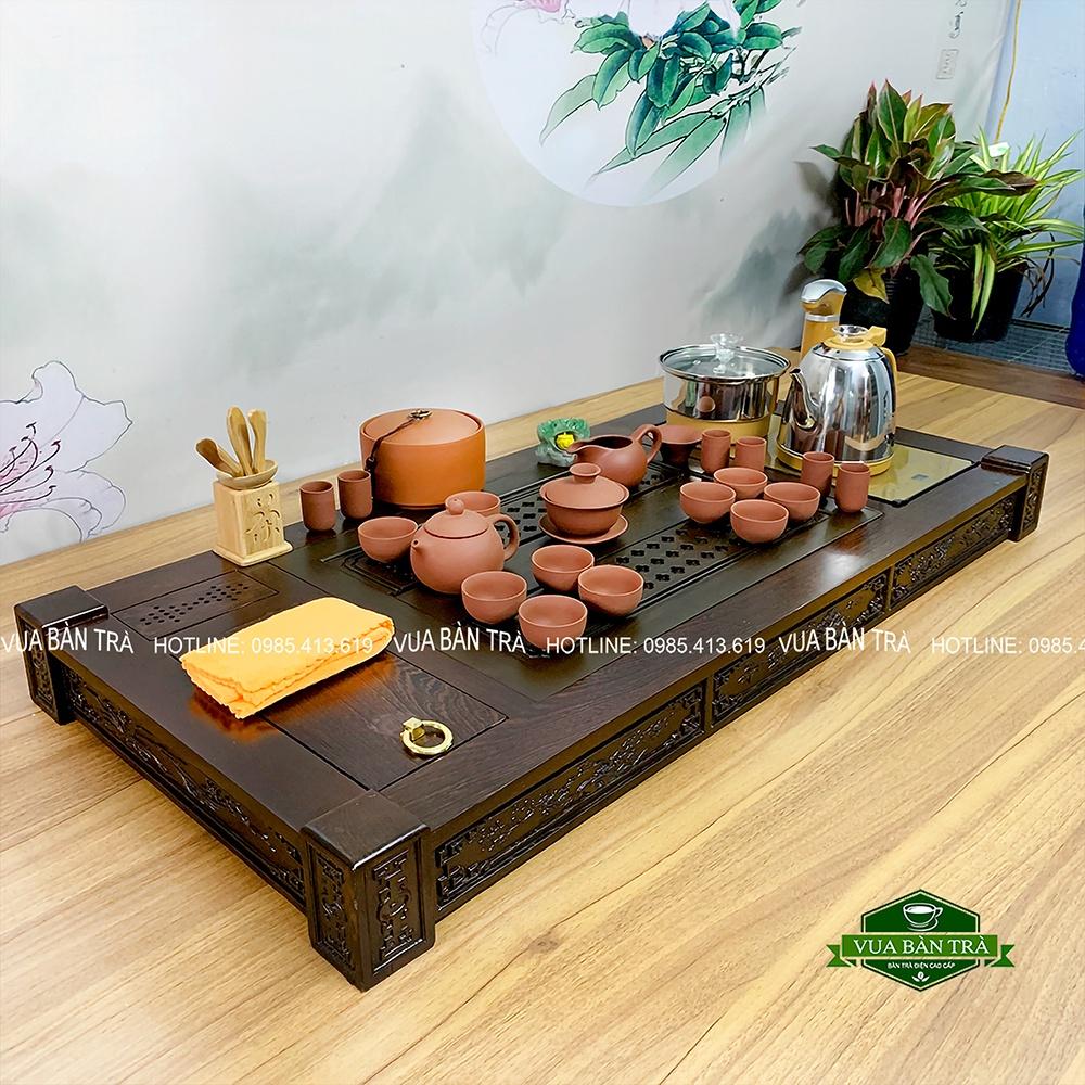 Bàn Trà Điện Thông Minh Chặm Khắc Tùng Trúc Cúc Mai Chất Liệu Gỗ Mun Cao Cấp