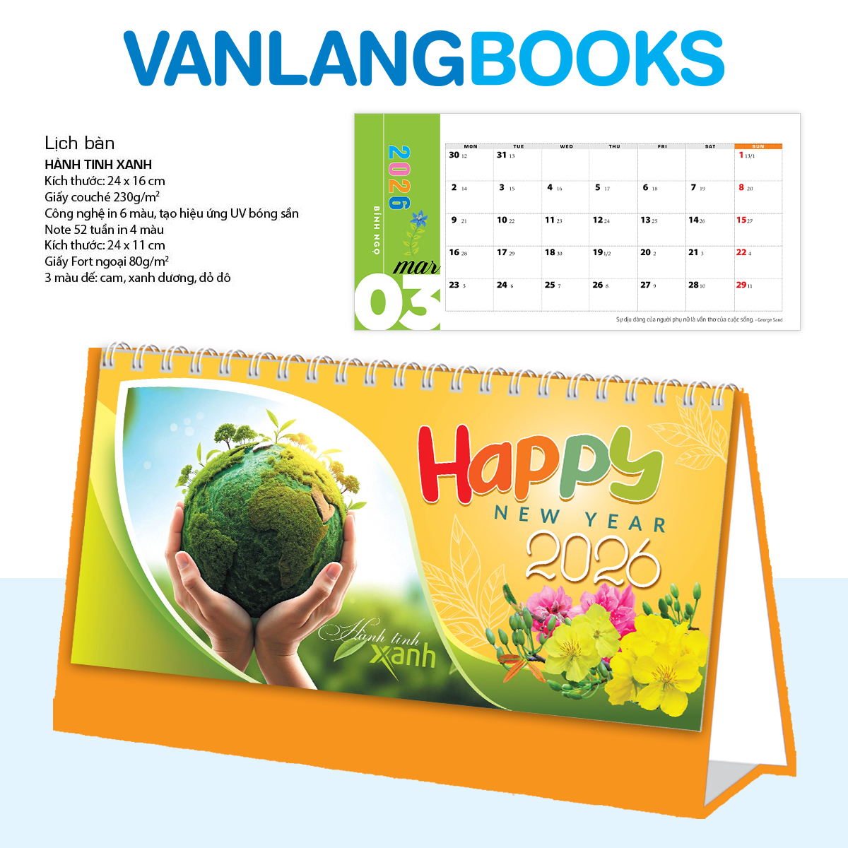 Lịch Bàn 2026 Vanlangbooks - Hành Tinh Xanh - VLLB15B - Màu Cam