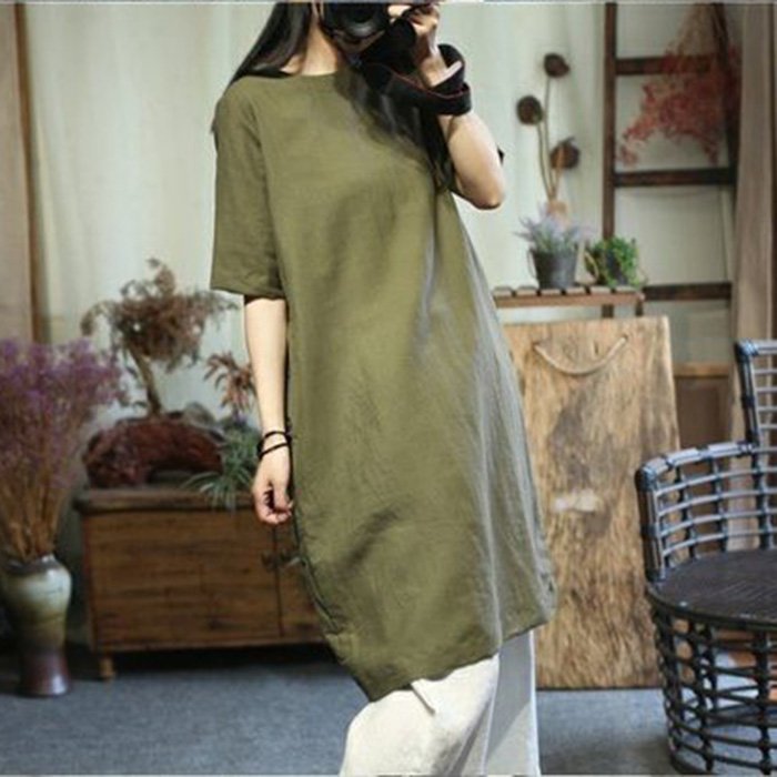Sét bộ Đầm suông Linen bột Premium cổ tròn tay lỡ xẻ tà gấu kèm quần ống rộng