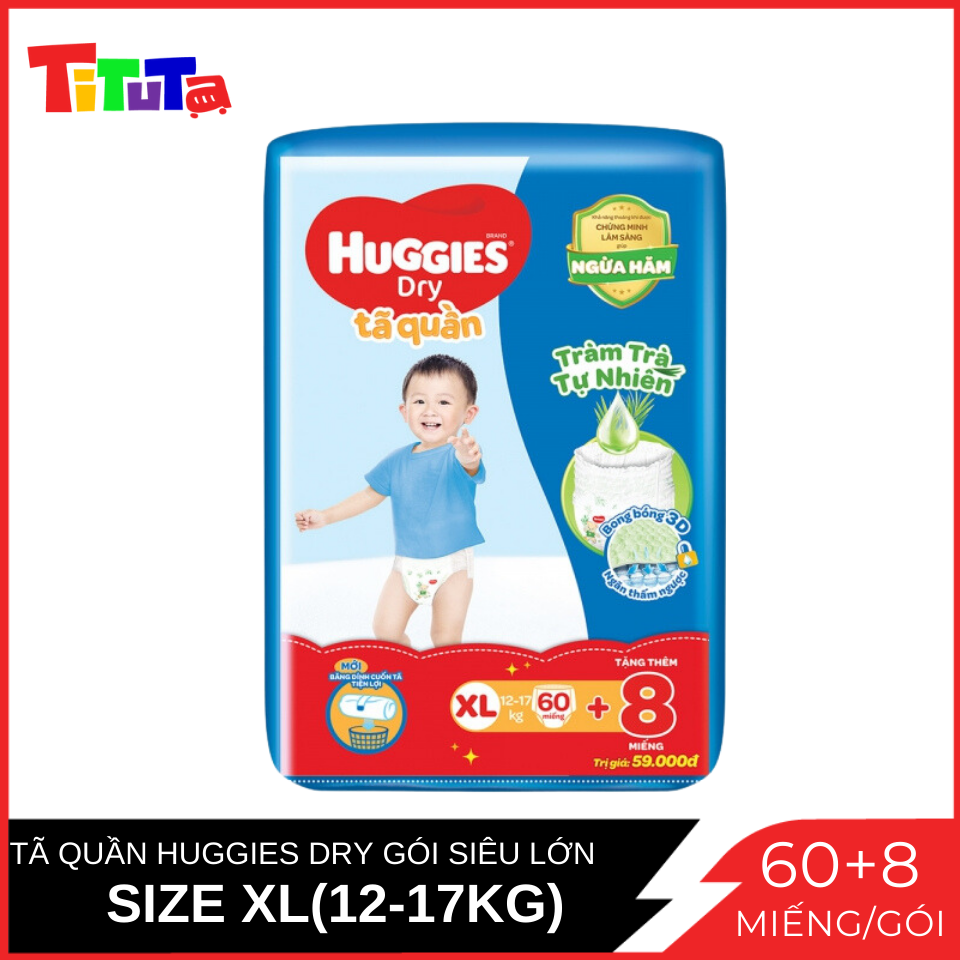 Tã Quần Huggies Dry Gói Cực Đại XL62  - Tặng 8 Miếng