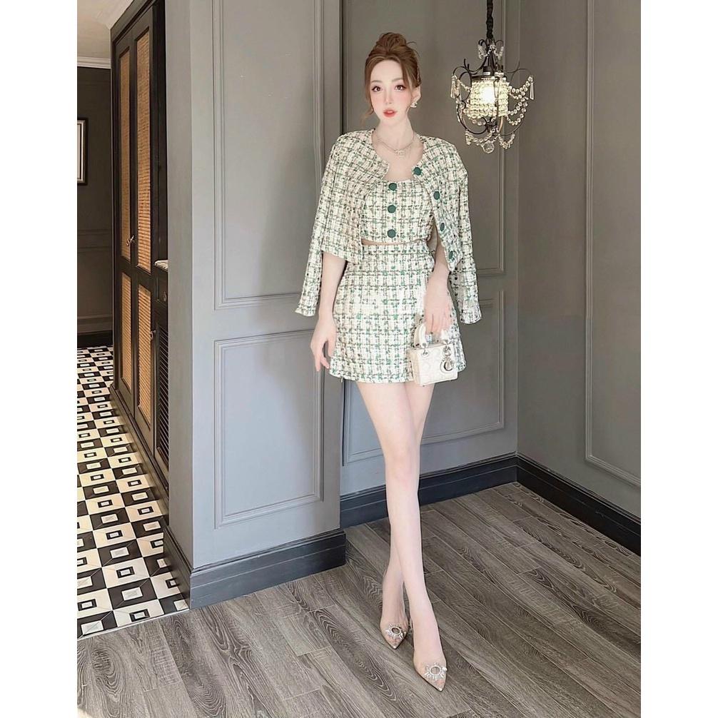 FREE SHIP Sét Bộ Đồ Nữ 3 Món Chất Vải Bố Da Áo Trong Đính Nút Bọc Phối Áo Khoác Ngoài Dài Tay Kèm Chân Váy KIM GIA DS
