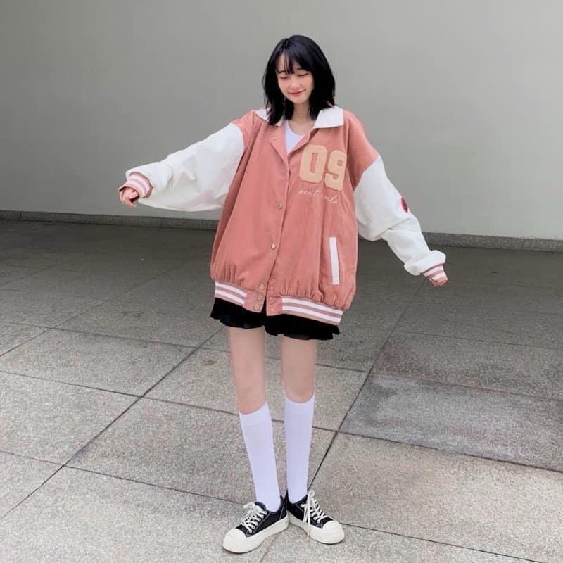 Áo khoác bomber bóng chày cổ sơmi nhung gân 2 lớp thêu số 09 unisex ulzzang nam nữ
