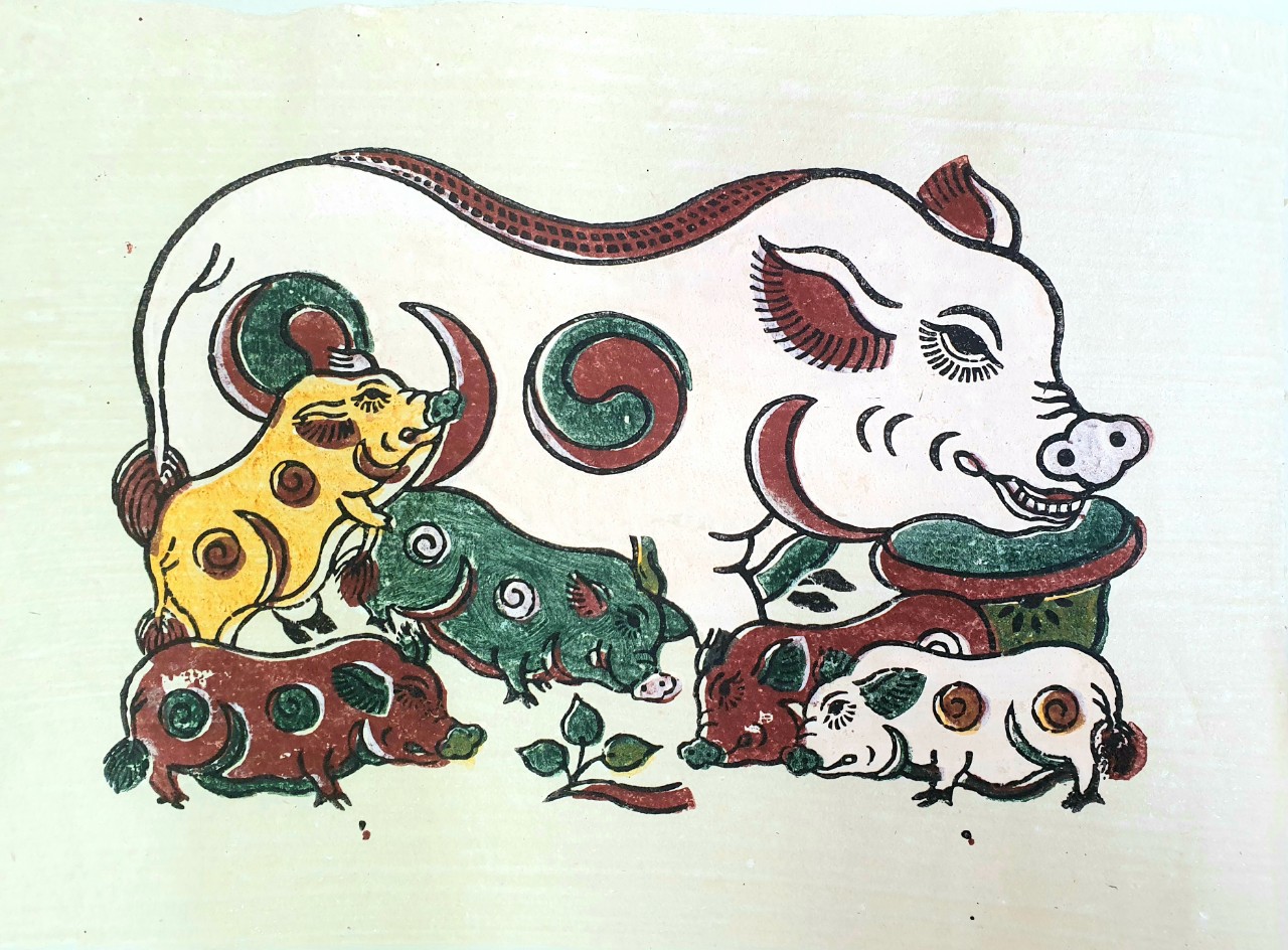 Lợn đàn - Đàn lợn âm dương - Tranh dân gian Đông Hồ - Dong Ho folk woodcut painting