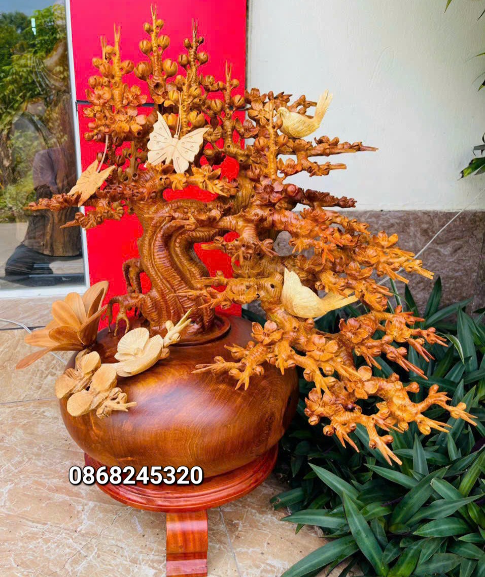 2 bình hoa mai lan phong thủy trang trí phòng khách gỗ hương ta
