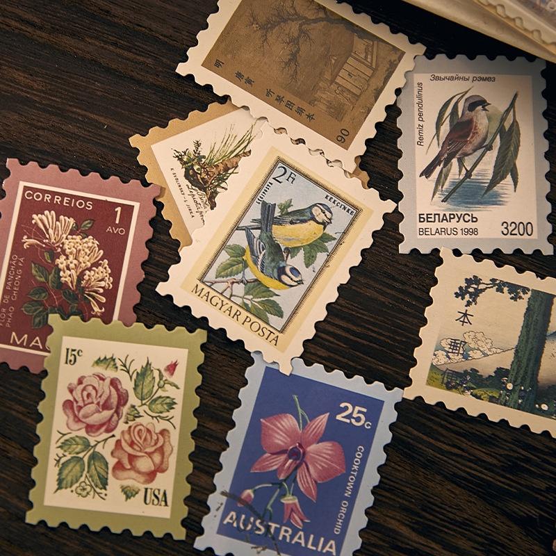 Gói 46 pcs stickers dạng tem thư dùng để trang trí kiểu cổ điển vintage junkjournal