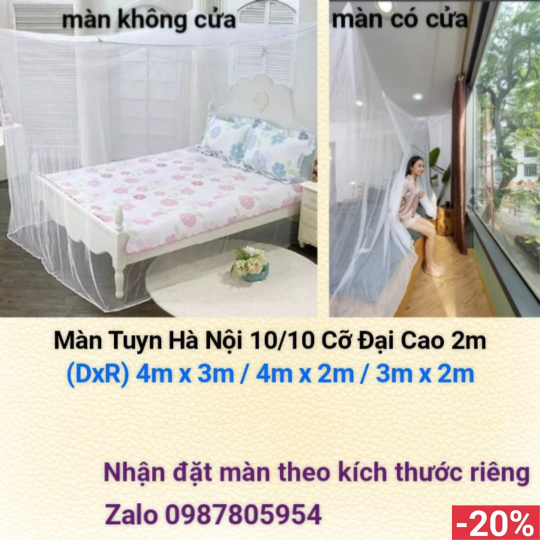 Màn Tuyn, Mùng Ngủ Cao 2m Cỡ Đại (DxR) 4mx3m / 4mx2m / 3mx2m - Mùng Màn Ngủ Hà Nội 10/10 Loại To Nhất CÓ CỬA &amp; KHÔNG CỬA, Mùng Màn Tuyn Size Đại Khổng Lồ Ghép 2 Giường, 3 Giường