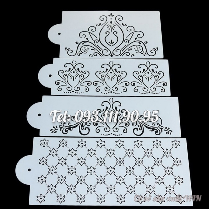 Bộ 4 khuôn rắc bột Stencil trang trí bánh, làm viền rau câu, fondant hoa văn kiểu Hàn Quốc - Mã số Q 1086