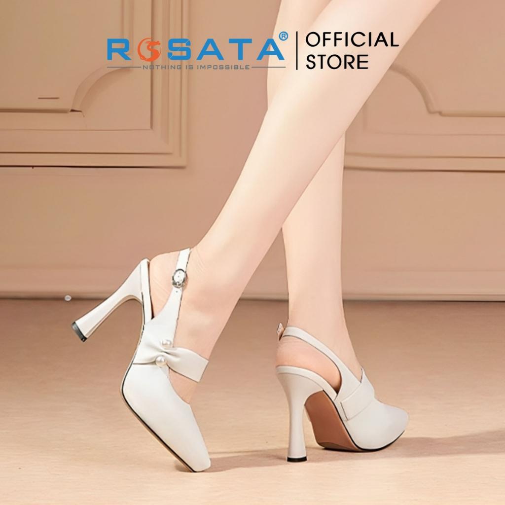 Giày cao gót nữ ROSATA RO601 mũi nhọn đính hạt quai hậu khóa cài gót cao 9cm xuất xứ Việt Nam - ĐEN