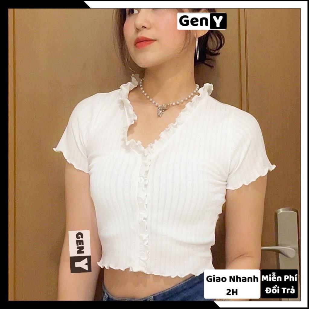 Áo Croptop Nữ Ngắn Tay Cổ chữ V GenY - Áo Kiểu Nữ Ôm Nút Giả Nhiều Màu Chất Thun Gân Mềm Mịn CR-V2