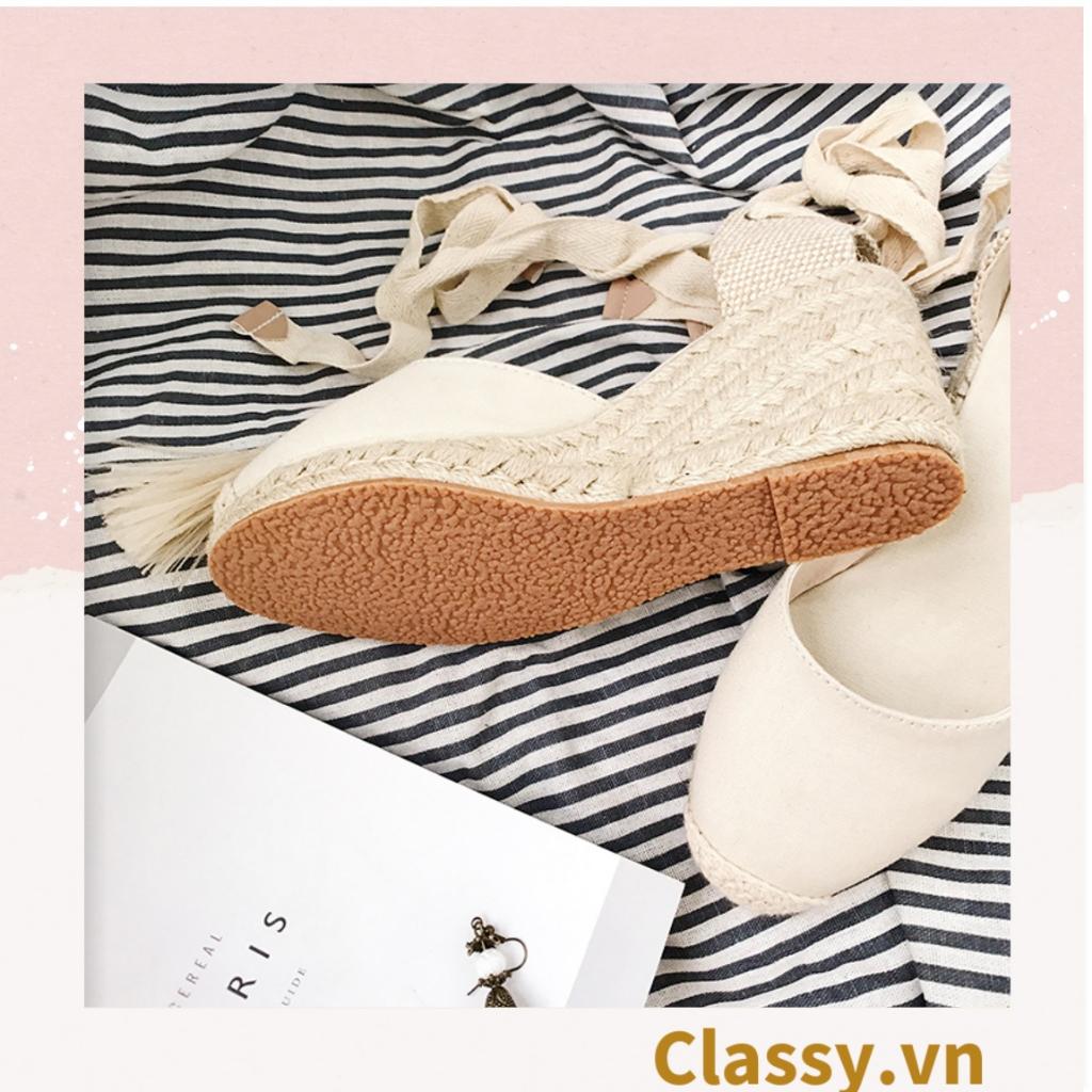 Giày cói Classy đế xuồng đế cói cao 8 CM buộc nơ, đi dạo phố, đi biển