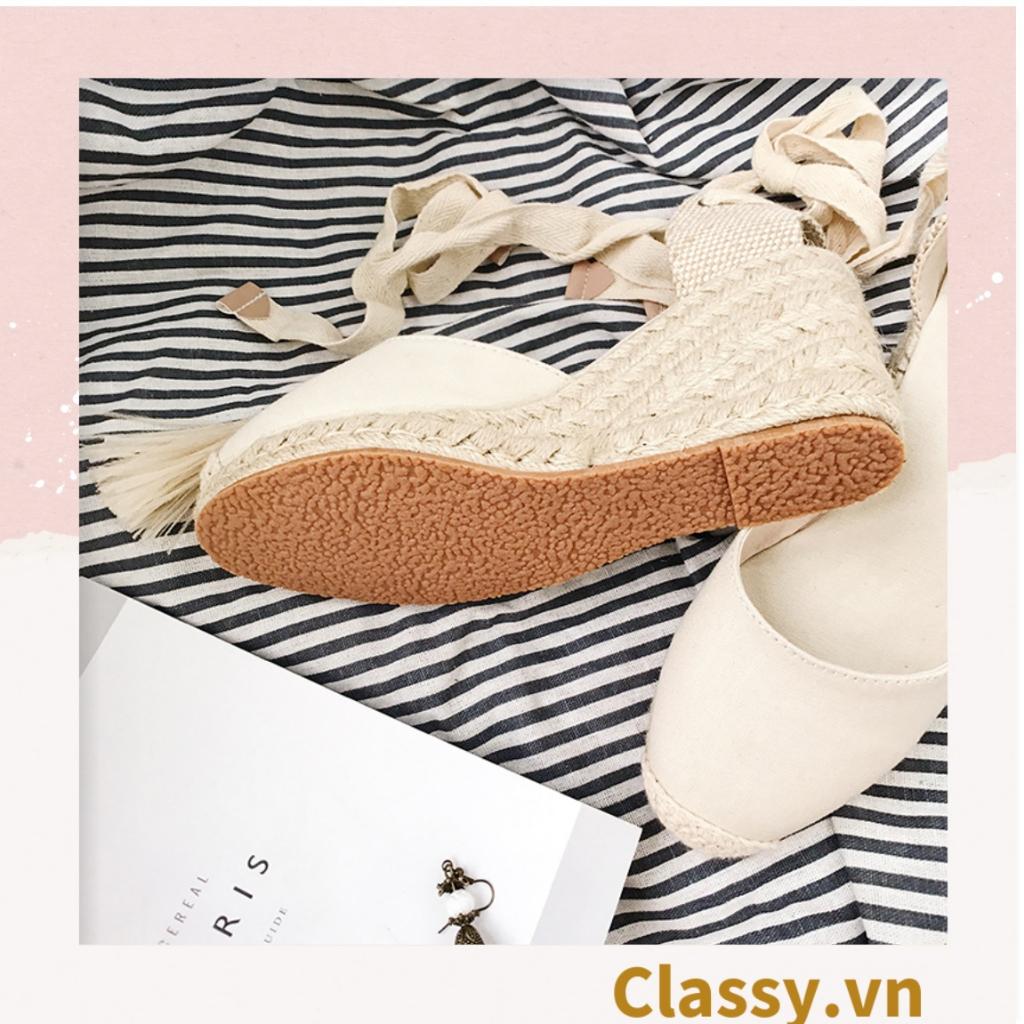 Giày cói Classy đế xuồng đế cói cao 8 CM buộc nơ, đi dạo phố, đi biển [G421] - ĐEN