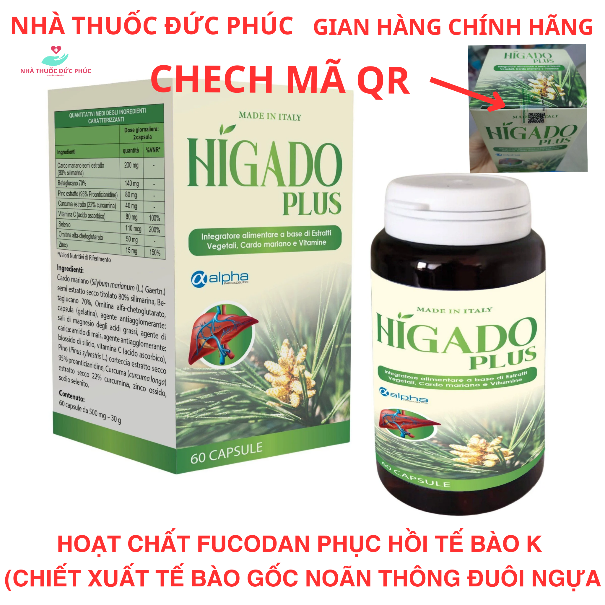 Bổ gan cao cấp HIGADO PLUS Chiết Xuất Tế Bào Gốc Nõan Thông Đuôi Ngựa, Cao khô Kế sữa, Ornithine,Betaglucan,CVitamin C, Selen, Kẽm, Curcumin Nghệ giúp chống oxy hóa,giải độc gan,hạ men gan, gan nhiễm mỡ, taeng cường chức năng gan