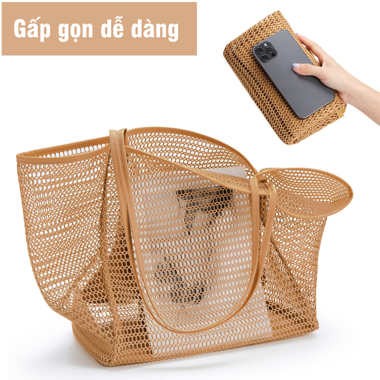 Giỏ túi lưới gấp gọn siêu nhẹ, túi đựng đồ đi biển đi bơi shopping đa năng