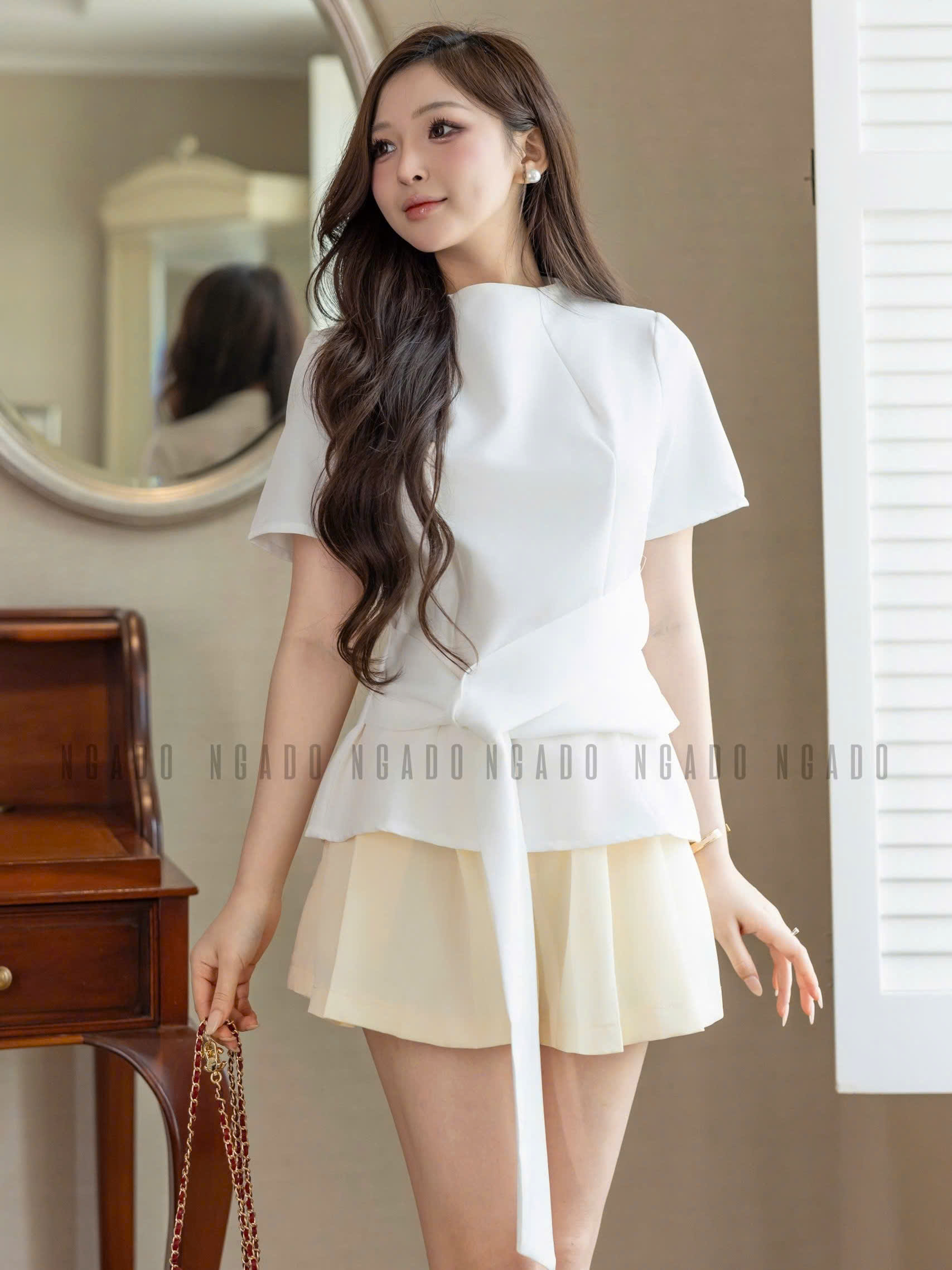 Áo trắng cột eo NGADO , Áo nữ kiểu , Áo công sở , Áo đi học , Áo thiết kế