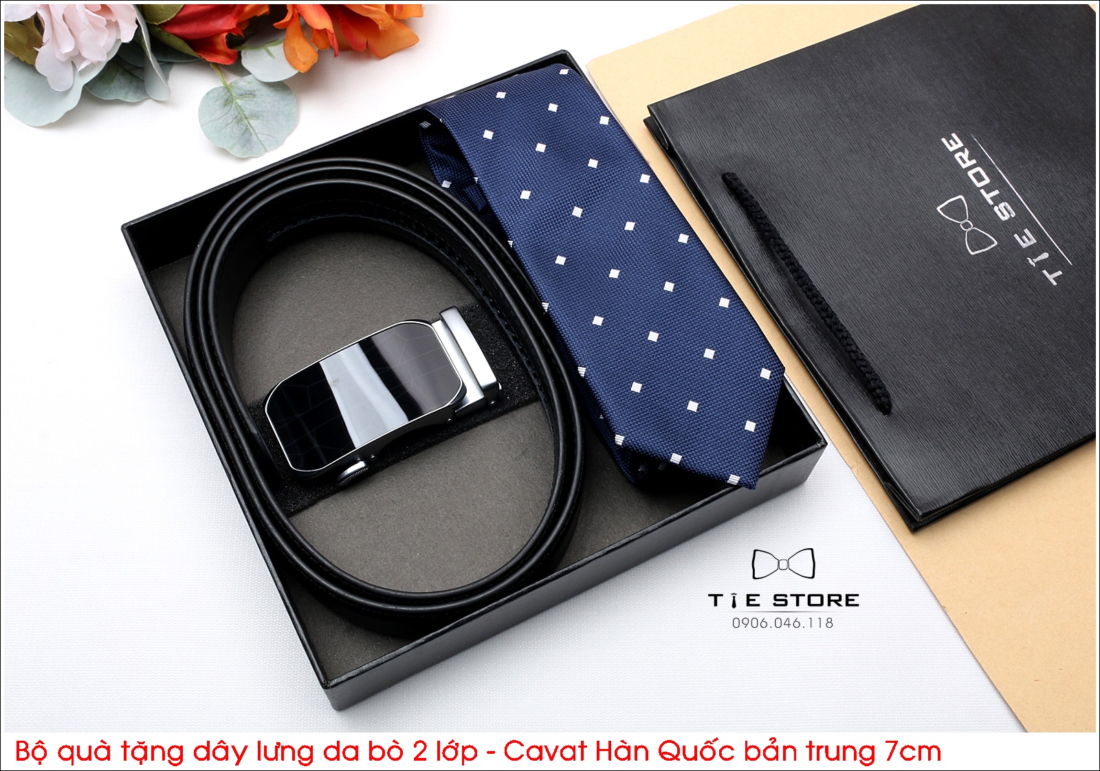 Bộ quà tặng thầy, tặng người thân, tặng sếp, Dây lưng da bò 2 lớp - Cavat hàn quốc bản trung 7cm - Full box MS1